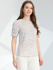 Floral Crew Neck Ruched Sleeve Casual Blouse
