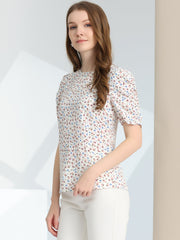 Floral Crew Neck Ruched Sleeve Casual Blouse