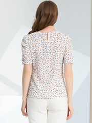 Floral Crew Neck Ruched Sleeve Casual Blouse