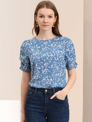 Floral Crew Neck Ruched Sleeve Casual Blouse