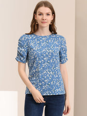 Floral Crew Neck Ruched Sleeve Casual Blouse