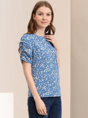 Floral Crew Neck Ruched Sleeve Casual Blouse