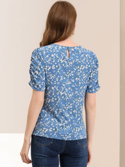 Floral Crew Neck Ruched Sleeve Casual Blouse