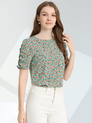Floral Crew Neck Ruched Sleeve Casual Blouse