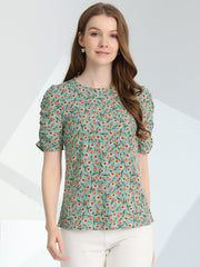 Floral Crew Neck Ruched Sleeve Casual Blouse