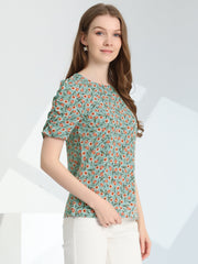 Floral Crew Neck Ruched Sleeve Casual Blouse