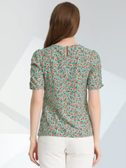 Floral Crew Neck Ruched Sleeve Casual Blouse