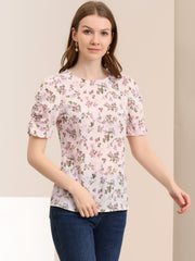 Floral Crew Neck Ruched Sleeve Casual Blouse