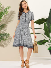 Floral Ruffle Neck Smocked Waist Short Sleeve Midi Dress