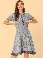 Floral Ruffle Neck Smocked Waist Short Sleeve Midi Dress