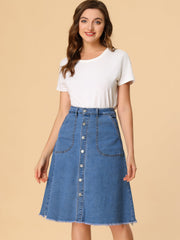 Denim Raw Hem Button Down Midi Jeans Skirt