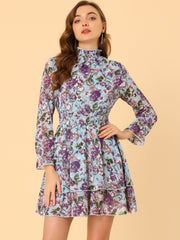 Floral Chiffon Long Sleeve Mock Neck Ruffle Layered Mini Dress