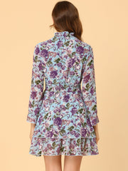 Floral Chiffon Long Sleeve Mock Neck Ruffle Layered Mini Dress