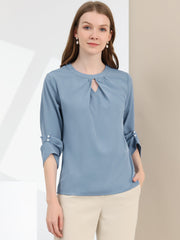 Office Keyhole Pleated Front Ruched 3/4 Sleeve Chiffon Blouse
