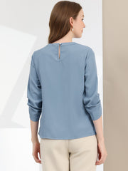 Office Keyhole Pleated Front Ruched 3/4 Sleeve Chiffon Blouse
