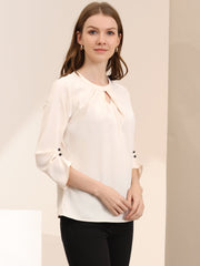 Office Keyhole Pleated 3/4 Sleeve Chiffon Blouse