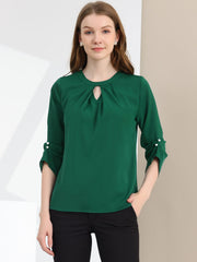 Office Keyhole Pleated Front Ruched 3/4 Sleeve Chiffon Blouse