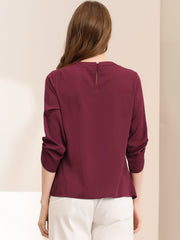 Office Keyhole Pleated Front Ruched 3/4 Sleeve Chiffon Blouse