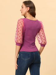 Retro Square Neck Tops Slim Fit Semi Sheer 3/4 Mesh Sleeve Top