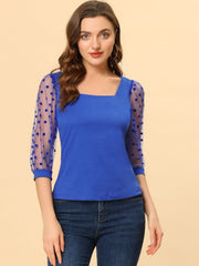 Retro Square Neck Tops Slim Fit Semi Sheer 3/4 Mesh Sleeve Top