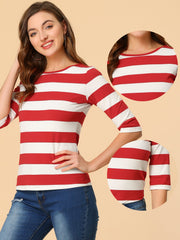 3/4 Sleeve Round Neck Casual Striped T-Shirt