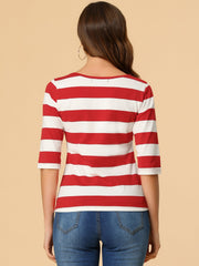 3/4 Sleeve Round Neck Casual Striped T-Shirt