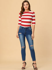 3/4 Sleeve Round Neck Casual Striped T-Shirt