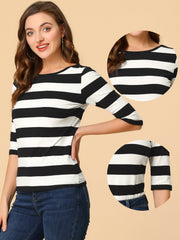 3/4 Sleeve Round Neck Casual Striped T-Shirt