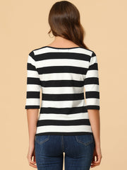 3/4 Sleeve Round Neck Casual Striped T-Shirt