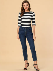 3/4 Sleeve Round Neck Casual Striped T-Shirt