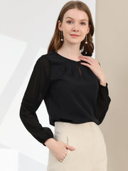 Chiffon Shirt Semi Sheer Keyhole Neck Elegant Work Blouse
