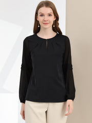 Chiffon Shirt Semi Sheer Keyhole Neck Elegant Work Blouse