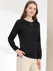 Chiffon Shirt Semi Sheer Keyhole Neck Elegant Work Blouse