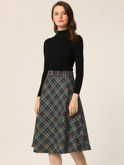 Christmas Tartan Plaid High Waist Belted Vintage A-Line Midi Skirt