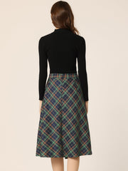 Christmas Tartan Plaid High Waist Belted Vintage A-Line Midi Skirt