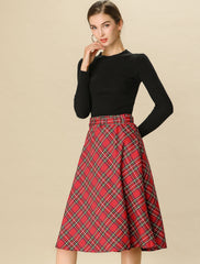 Christmas Tartan Plaid High Waist Belted Vintage A-Line Midi Skirt