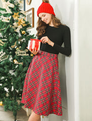 Christmas Tartan Plaid High Waist Belted Vintage A-Line Midi Skirt
