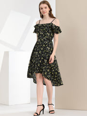 Spaghetti Strap Asymmetrical High Low Floral A-Line Midi Dress