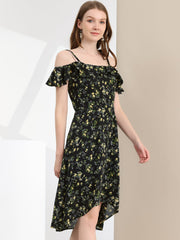 Spaghetti Strap Asymmetrical High Low Floral A-Line Midi Dress