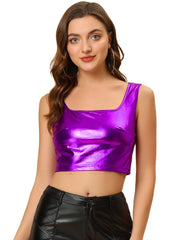 Sleeveless U Neck Party Holographic Shiny Metallic Crop Top