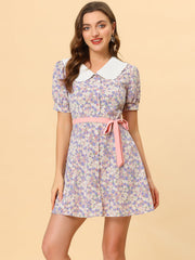Peter Pan Collar Flowy Short Sleeve Ruffle Summer Floral Shirt Dress