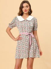 Peter Pan Collar Flowy Short Sleeve Ruffle Summer Floral Shirt Dress