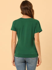 Wrap V Neck Short Sleeve Button Decor Ruched Top