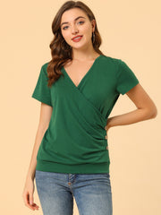 Wrap V Neck Short Sleeve Button Decor Ruched Top