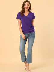 Wrap V Neck Short Sleeve Button Decor Ruched Top