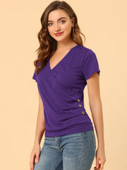Wrap V Neck Short Sleeve Button Decor Ruched Top