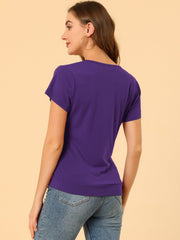 Wrap V Neck Short Sleeve Button Decor Ruched Top