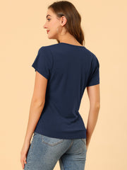 Wrap V Neck Short Sleeve Button Decor Ruched Top
