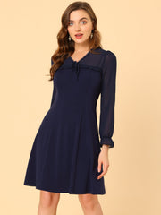 Ruffle V Neck Mesh Sheer Panel Long Sleeve Chiffon Mini Dress