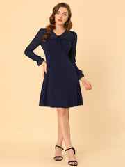 Ruffle V Neck Mesh Sheer Panel Long Sleeve Chiffon Mini Dress